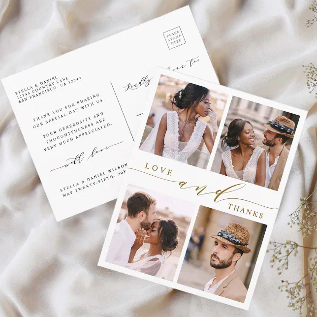 Modern Gold Love & Thanks 4Photo Wedding Thank You Postcard | Zazzle