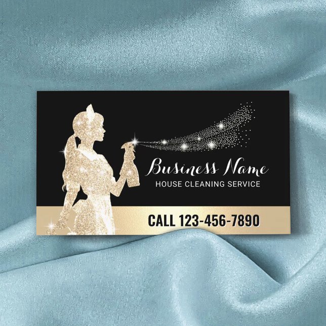 Modern Gold Maid Cleaning Service Housekeeping Business Card (Creator Uploaded)