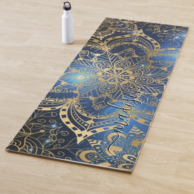 Modern Gold Mandala Blue Nebula Custom Name Yoga Mat (In Situ)