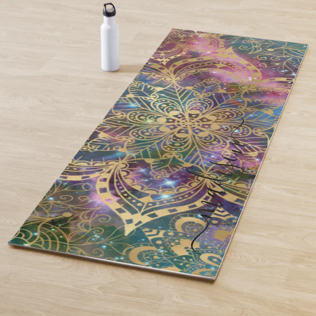Modern Gold Mandala Blue Purple Nebula Custom Name Yoga Mat | Zazzle