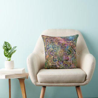 Modern Gold Mandala Blue Purple Nebula Throw Pillow
