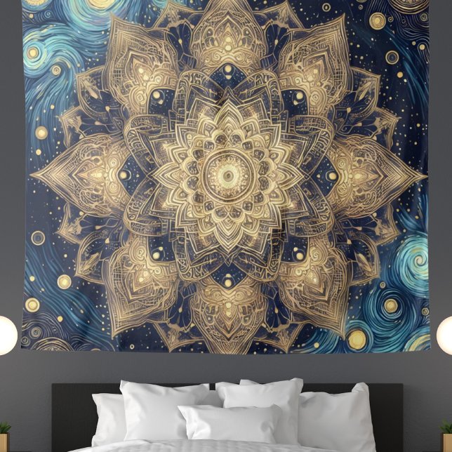 Modern Gold Mandala Blue Starry Night Celestial  Tapestry (Creator Uploaded)