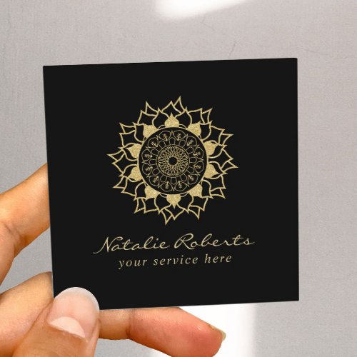 Modern Gold Mandala Flower Logo Elegant Black Square Business Card