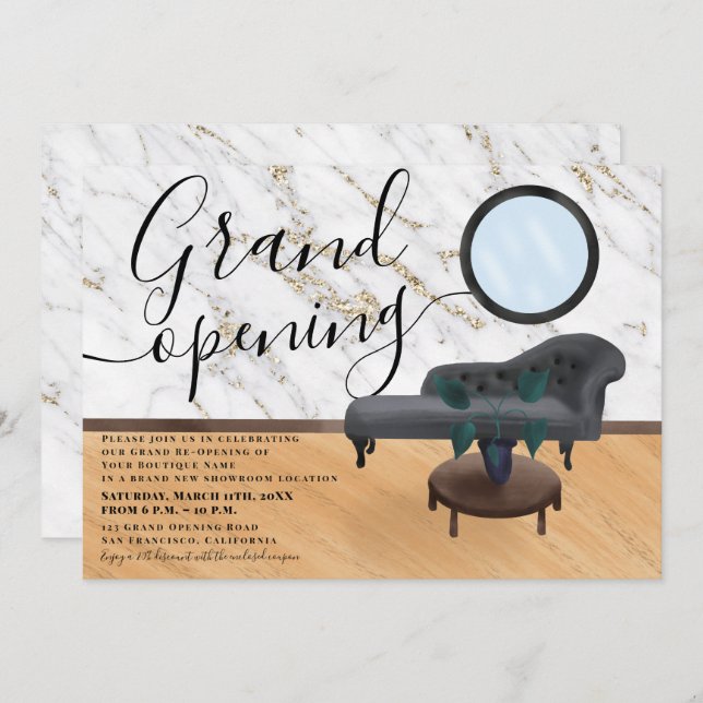 Modern gold marble beauty salon grand opening invitation (Front/Back)