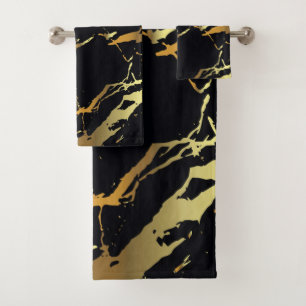Modern Gold Marble Black Yellow Elegant Stripes Bath Towel Set