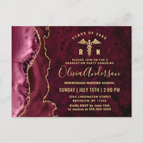 Modern Gold Maroon RN Graduation Party Invitation Postcard - Modern Gold Burgundy RN Graduation Party Invitation Postcard.
