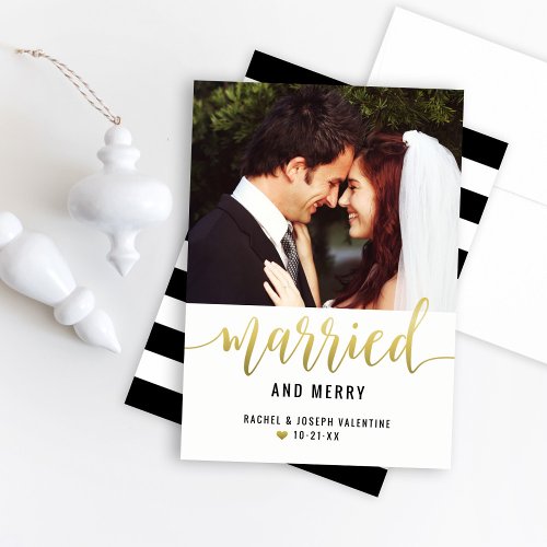 Modern Gold Married and Merry Wedding Photo Holiday Card