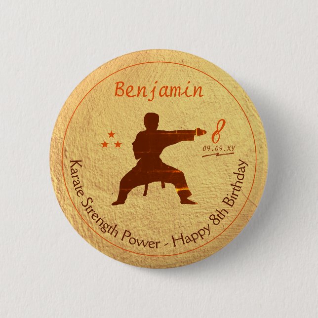 Modern Gold Martial Arts Karate Kids 8th Birthday Button (Front)