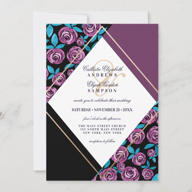 Modern Gold Mauve Black Flowers Watercolor Wedding Invitation (Front)