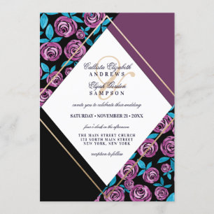 Modern Gold Mauve Black Flowers Watercolor Wedding Invitation