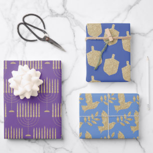Modern Gold Menorah Dreidel Olive Branch Dove Wrapping Paper Sheets