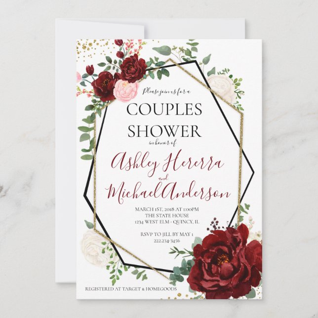 Modern Gold Merlot Geometric Couples Shower Invite (Front)