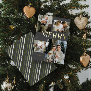 Modern Gold Merry 4 Photo Collage Gray Christmas Foil Holiday Card