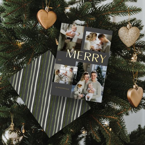 Modern Gold Merry 4 Photo Collage Gray Christmas  Foil Holiday Card
