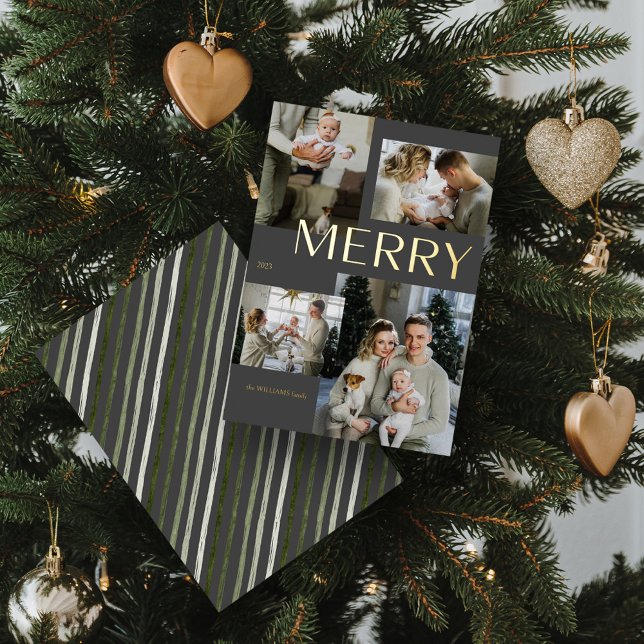 Modern Gold Merry 4 Photo Collage Gray Christmas  Foil Holiday Card (Shine Bright! 'MERRY' Gold Foil Holiday Card 🌟🎄 [Add Your Photo])
