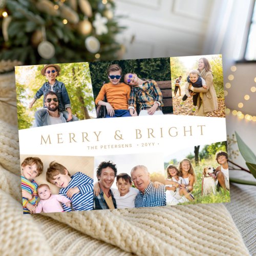 Modern gold Merry and Bright 6 photo Christmas Holiday Card