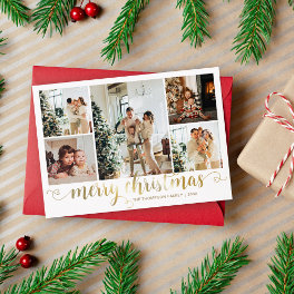 Modern Gold Merry Christmas Heart Script 5 Photo Holiday Card
