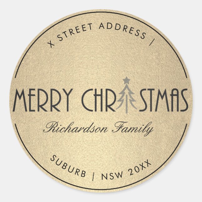 MODERN GOLD MERRY CHRISTMAS HOLIDAY ADDRESS CLASSIC ROUND STICKER (Front)
