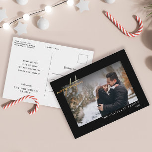 Modern Gold Merry Christmas Lettering Photo Black Postcard