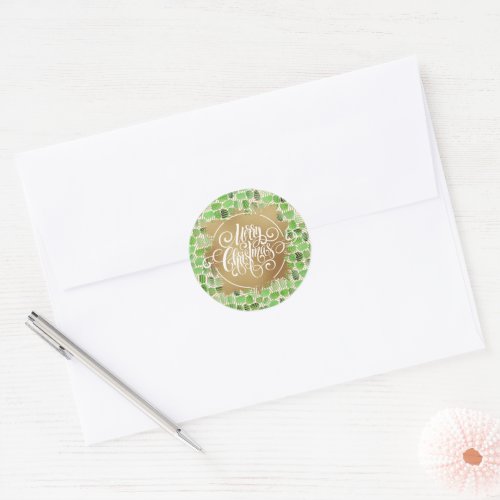 Modern Gold Merry Christmas on Green Classic Round Sticker