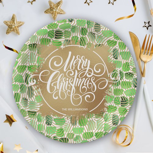 Modern Gold Merry Christmas on Green Paper Plates