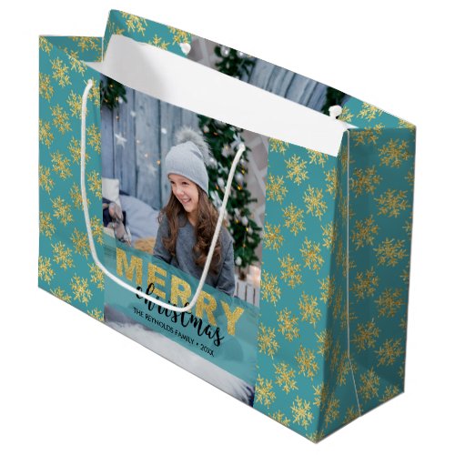 Modern Gold Merry Christmas Photo Large Gift Bag