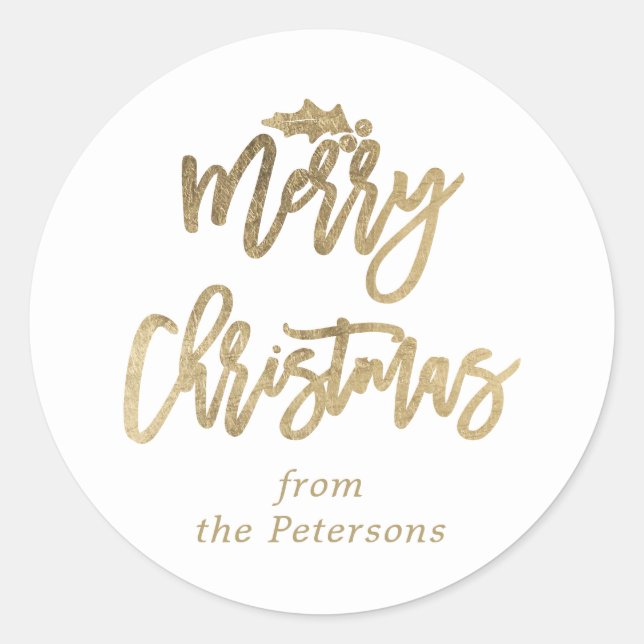 Modern gold merry christmas script mistletoe white classic round sticker (Front)