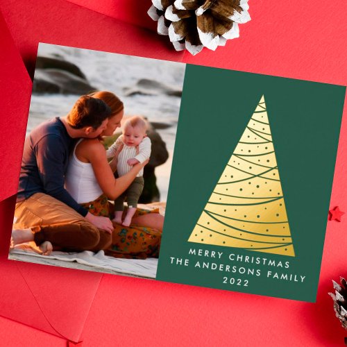 Modern Gold Merry Christmas Tree  Photo Foil Holiday Card
