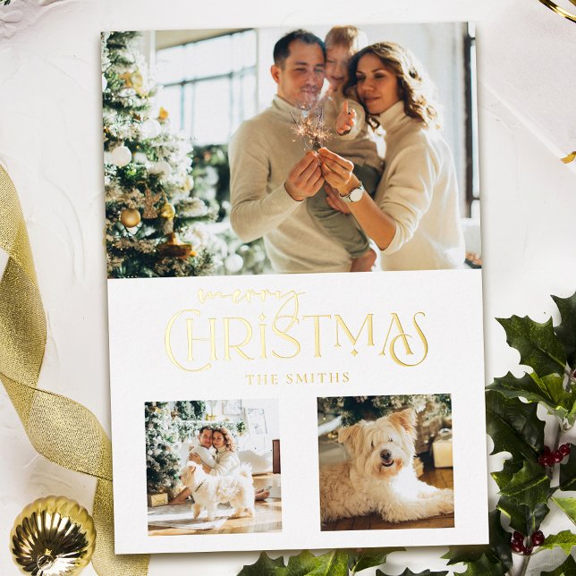Modern Gold Merry Christmas Typography 3-Photo Foil Holiday Card (Creator Uploaded)