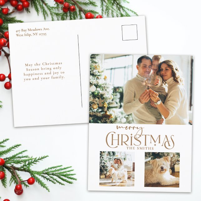 Modern Gold Merry Christmas Typography 3-Photo Holiday Postcard (Creator Uploaded)