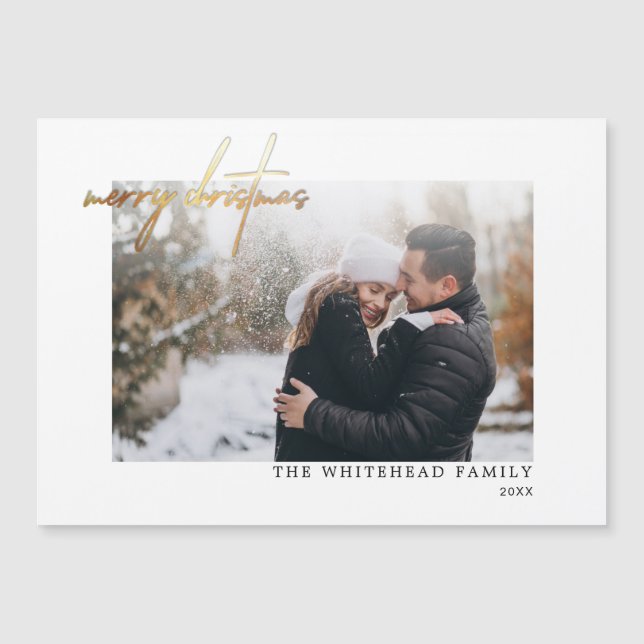 Modern Gold Merry Christmas White Magnetic Card (Front)