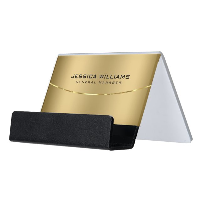 Modern Gold Metallic Looking Background 2 Desk Business Card Holder (Angled Front)