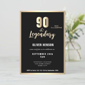 Modern Gold Metallic Surprise 90th Birthday  Invitation