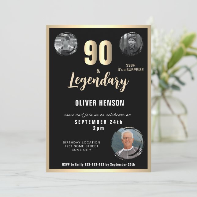 Modern Gold Metallic Surprise 90th Birthday  Invitation (Standing Front)