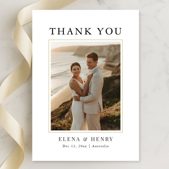 Modern Gold Minimalist Destination Photo Wedding Thank You Card (Creator Uploaded)