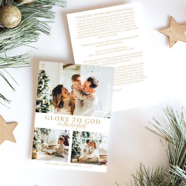 Modern Gold Minimalist Religious 3 Photo Christmas Holiday Card (Modern religious Christmas card with photo collage and Glory to God in the Highest Bible Verse.)