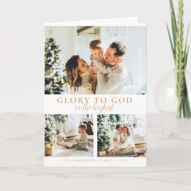 Modern Gold Minimalist Religious Christmas 3 Photo Holiday Card (Front)