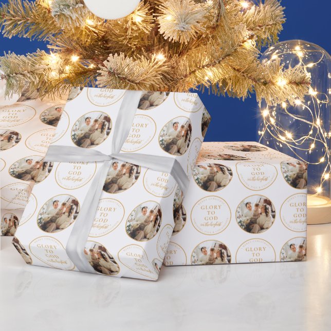 Modern Gold Minimalist Religious Christmas Photo Wrapping Paper (Holidays)
