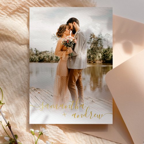 Modern gold minimalist script 5 photos wedding foil invitation