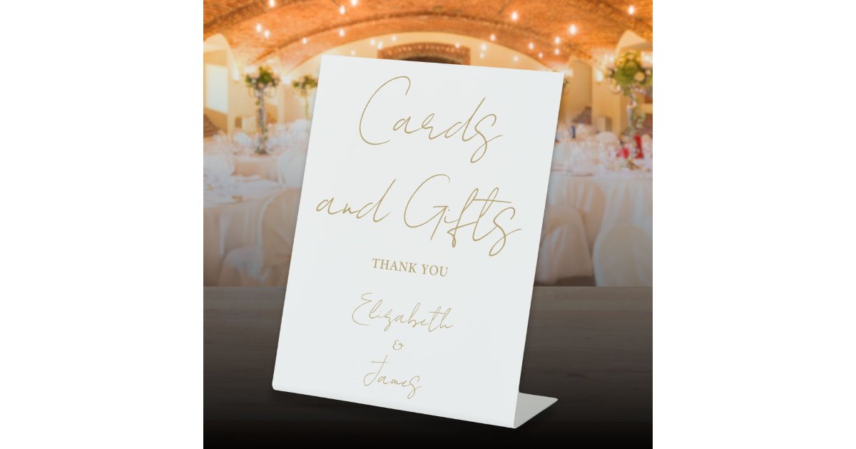 Script Cards Modern Gold Minimalist Script Cards And Gifts Pedestal Sign | Zazzle