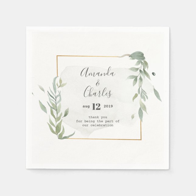 Modern Gold & Mint-Green Foliage Frame Napkins (Front)