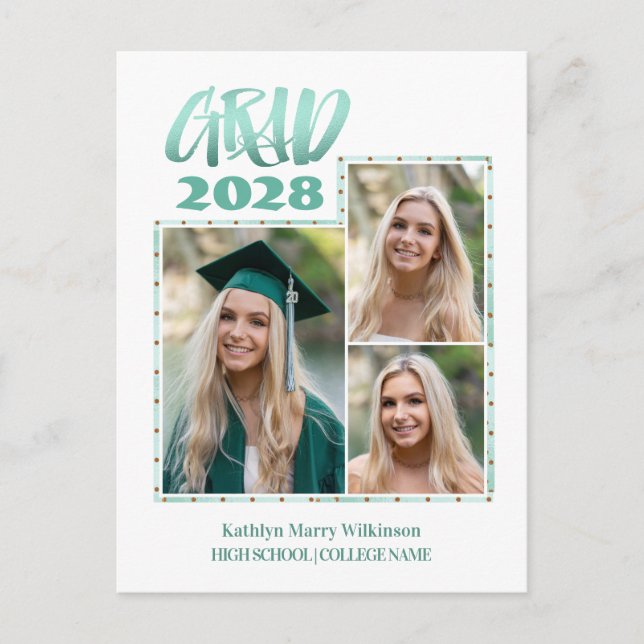 Modern Gold Mint Script 3 Photo Graduation  Announcement Postcard (Front)