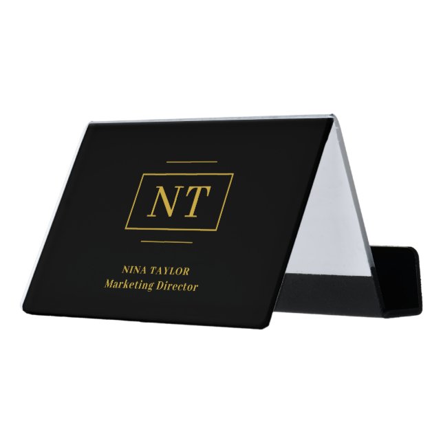 Modern Gold Monogram Black Custom Desk Business Card Holder (Angled Back)