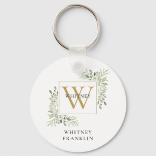 Modern Gold Monogram Elegant Greenery Keychain