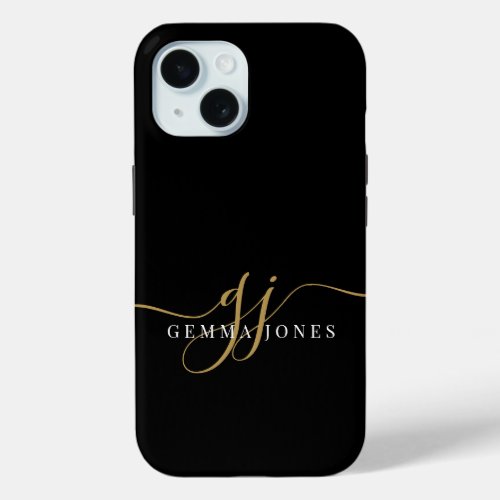 Modern Gold Monogram Feminine Script Name Black iPhone 15 Case