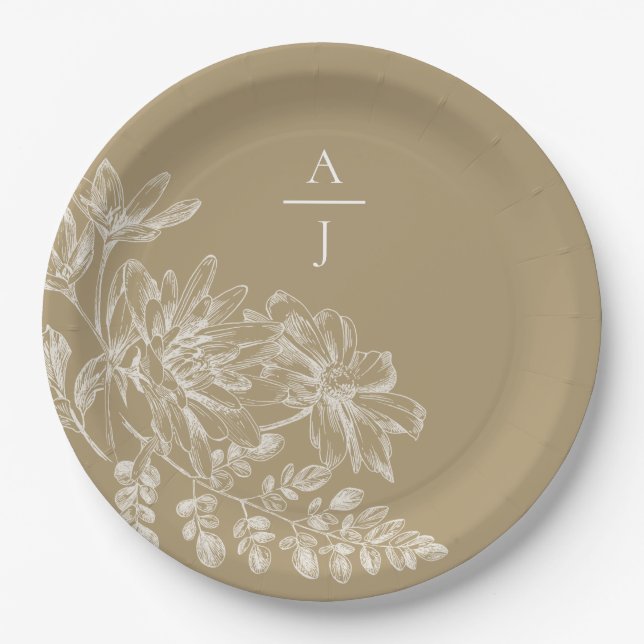Modern Gold Monogram Floral Paper Plate (Front)