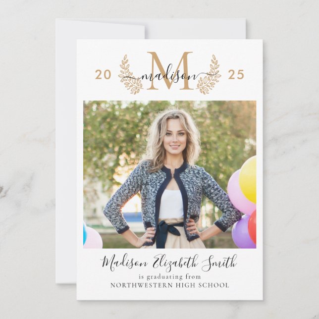 Modern Gold Monogram Graduate Photo Graduation Announcement (Front)