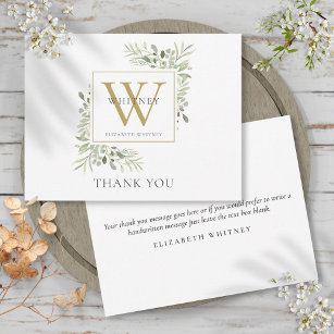 Modern Gold Monogram Greenery Business Thank You Card