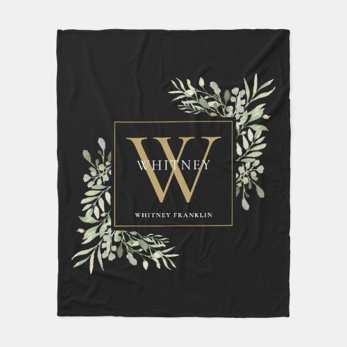 Modern Gold Monogram Greenery Floral Black Fleece Blanket
