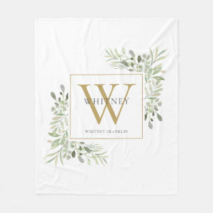 Modern Gold Monogram Greenery Floral Fleece Blanket